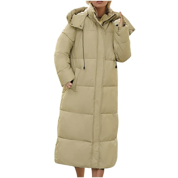Scyoekwg Winter Jacket for Women Winter Warm Zipper Hooded Long Jacket Casual Winter Warm Jackets Loose Outwear Long Sleeve Solid Color Outerwear (Khaki,S)