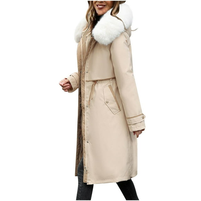 Scyoekwg Winter Jacket for Women Clearance Winter Zippered Drawstring Hooded Thickened Long Cotton Coat Loose Outwear Long Sleeve Solid Color Casual Outerwear (Beige,L)