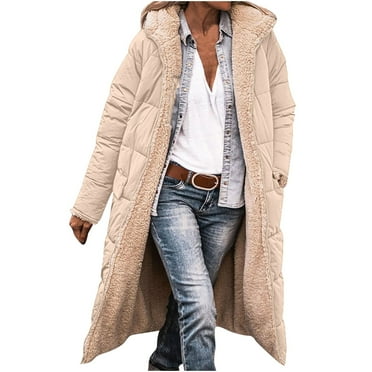 Scyoekwg Winter Jacket for Women Clearance Winter Zipper Plus Velvet Thickened Fleece Warm Long Jacket Outwear Solid Color Casual Long Sleeve Loose Outerwear (Beige,XXXL)