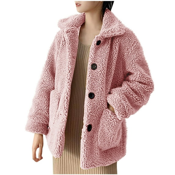Scyoekwg Winter Jackets for Women Button Lapel Warm Fleece Jackets Outwear Pocket Long Sleeve Casual Loose Solid Color Fashion Coats (Pink,M)