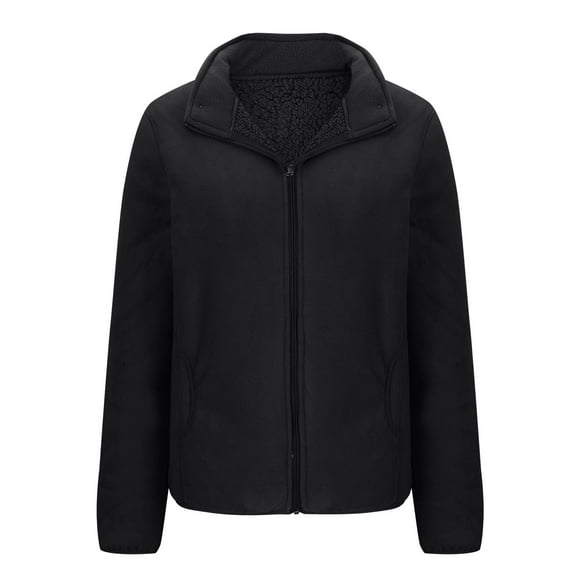 Scyoekwg Winter Jackets for Women Zipper Lapel Fleece Jackets Poacket Coats Long Sleeve Casual Loose Solid Color Fashion Outerwear (Black,XXXXL)