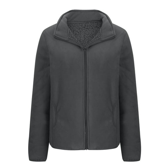 Scyoekwg Winter Jackets for Women Zipper Lapel Fleece Jackets Poacket Coats Long Sleeve Casual Loose Solid Color Fashion Outerwear (Dark Gray,L)