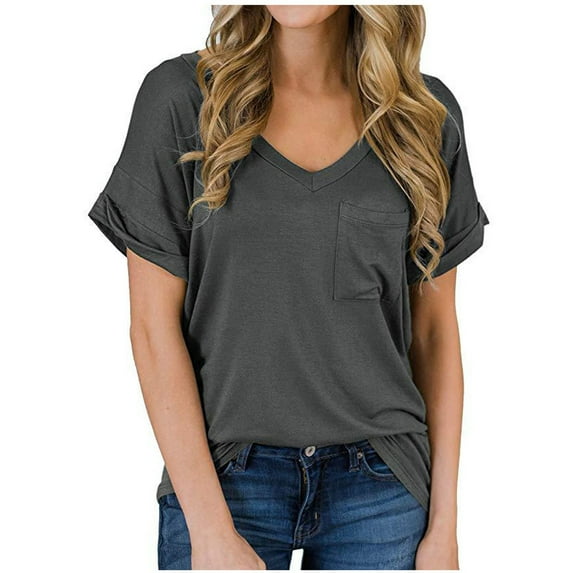 Scyoekwg Woman Comfy Clothes Clearance Solid Color Tee V-Neck Summer Tops Short Sleeve Tunic Tops Casual Loose Fit Trendy Tops Dark Gray XXL