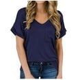 thumbnail image 1 of Scyoekwg Woman Comfy Clothes Solid Color Tee V-Neck Summer Tops Short Sleeve Tunic Tops Casual Loose Fit Trendy Tops Navy L, 1 of 7