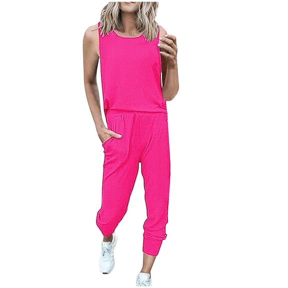 Scyoekwg Women 2 Piece Outfits Solid Color Casual Round Neck Sleeveless Tank Tops Comfy Joggers Pants Pocket Travel Set Outfit (Hot Pink,S)