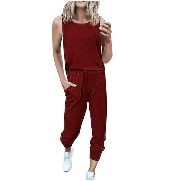 Scyoekwg Women 2 Piece Outfits Solid Color Casual Round Neck Sleeveless Tank Tops Comfy Joggers Pants Pocket Travel Set Outfit (Wine,L)