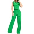 thumbnail image 1 of Scyoekwg Women 2 Piece Outfits Solid Color Sleeveless Turndown Collar Button Pocket Tops Solid Color Elastic Waist Tie Pants Sets (Green,L), 1 of 7
