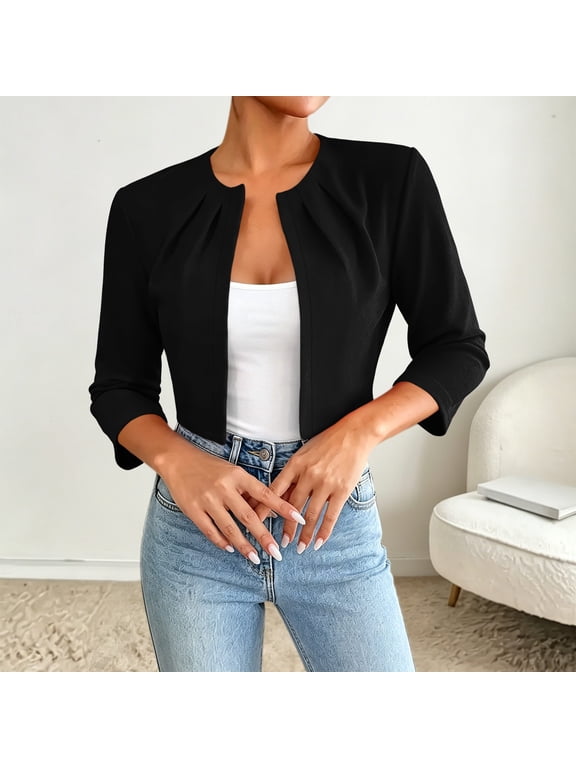 Women 3/4 Sleeve Pleated Collarless Cropped Jacket Open Front Short Dressy Shrug Coat Casual Layering Jacket for Wedding Party Daily (Black,M)