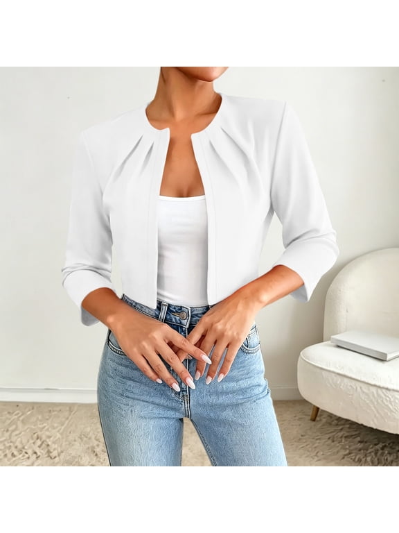 Women 3/4 Sleeve Pleated Collarless Cropped Jacket Open Front Short Dressy Shrug Coat Casual Layering Jacket for Wedding Party Daily (White,XL)