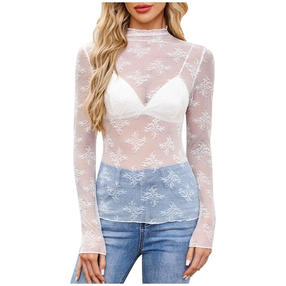 Scyoekwg Women Blouses Crew Neck Mesh Slim Tops Solid Color Trendy Fall Tops Loose Long Sleeve T Shirts Lightweight Pullover (White,S)