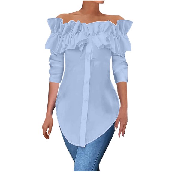 Scyoekwg Women Blouses Crew Neck Ruffle Off Shoulder Tops Trendy Loose Lightweight Fall Tops Solid Color Dressy Casual Blouses Long Sleeve T Shirts Women Blouses (Blue,L)