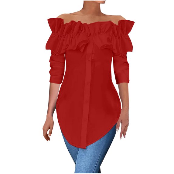 Scyoekwg Women Blouses Crew Neck Ruffle Off Shoulder Tops Trendy Loose Lightweight Fall Tops Solid Color Dressy Casual Blouses Long Sleeve T Shirts Women Blouses (Red,XXL)