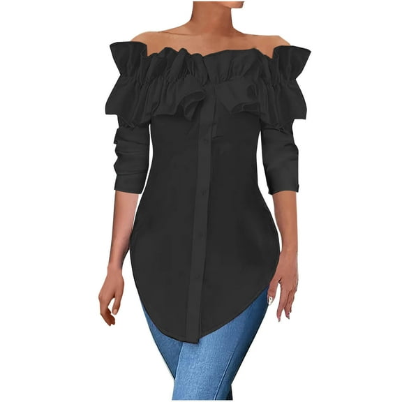 Scyoekwg Women Blouses Crew Neck Ruffle Off Shoulder Tops Trendy Loose Lightweight Fall Tops Solid Color Dressy Casual Blouses Long Sleeve T Shirts Women Blouses (Black,XXL)