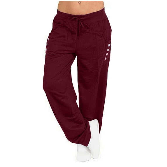 Scyoekwg Women Cargo Sweatpants Solid Color Side Button with Pocket Wide Leg Baggy Pants Casual Athletic Sports Yoga Pants (Wine,XXXXL）
