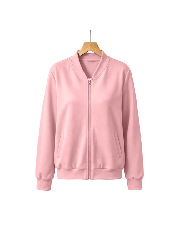 Women Crew Neck Zip Up Jacket Soft Long Sleeve Sweatshirt Outerwear Casual Relaxed Fit Cardigan Coat for Daily Layering (Pink,S)