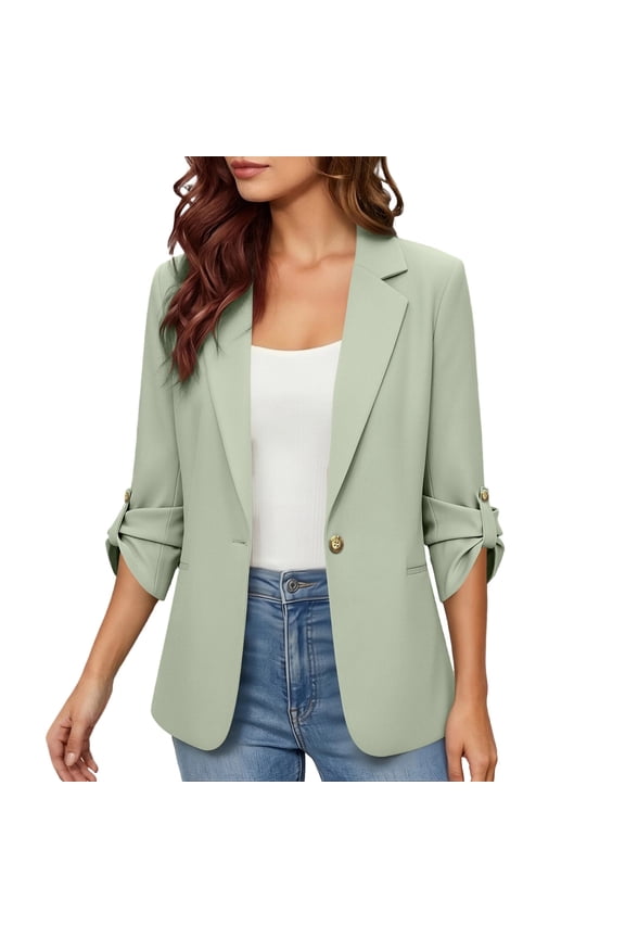 Women Cuff Rollable 3/4 Sleeve Blazer Jacket, Single Button Lapel Casual Suit Coat, Lightweight Daily Office Outerwear (Mint Green,S)