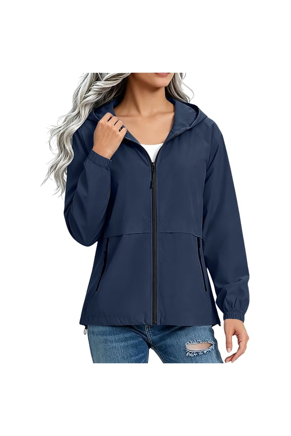 Women Full Zip Hooded Windbreaker Jacket, Elastic Cuff Loose Fit Casual Outer Coat with Side Pockets, Lightweight Daily Jacket (Navy,XXL)