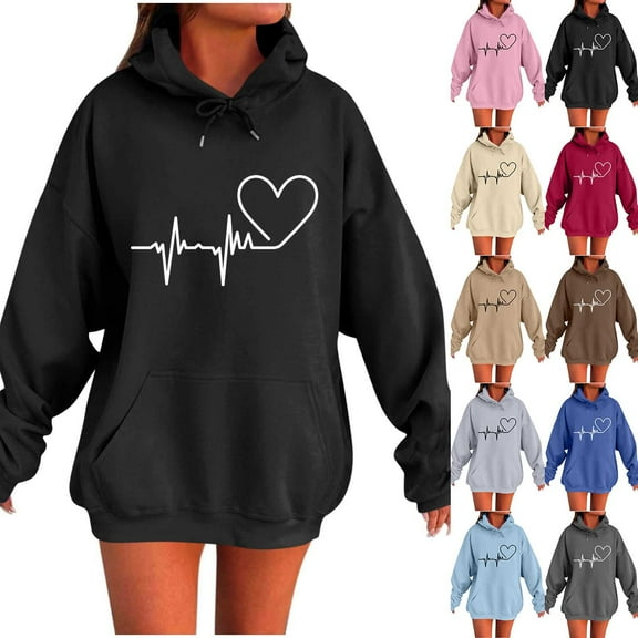 Scyoekwg Women Graphic Hoodies Drawstring Hooded Oversized Hoodie Heart Print Long Sweatshirts Long Sleeve Tops Pullover with Pocket (Beige,L)