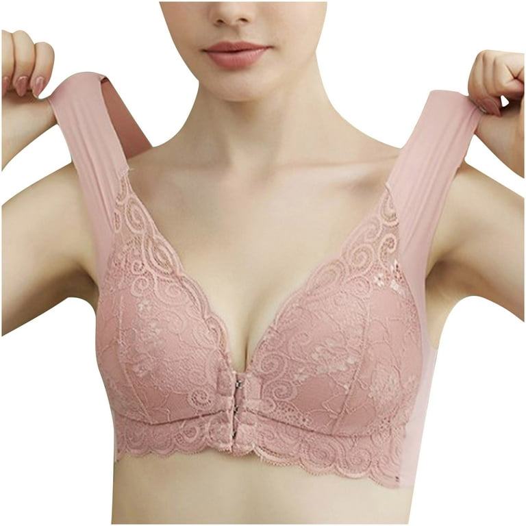 Scyoekwg Women Lace Front Button Bra Crochet Lace Trim Wirefree Push Up  Closeure Comfortable Breathable Everyday Underwear Bras Pink M 
