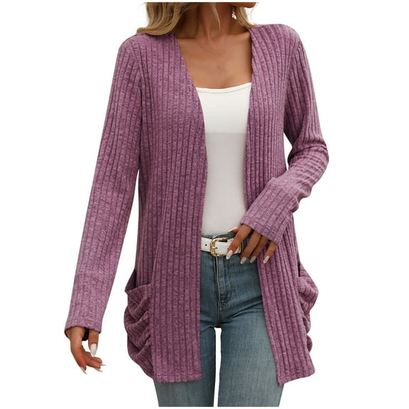 Scyoekwg Women Lightweight Fall Cardigan Solid Color Open Front Brushed Stripe Cardigan Coat Loose Long Sleeve Fall Coats Casual Trendy Cardigan(Purple,S)