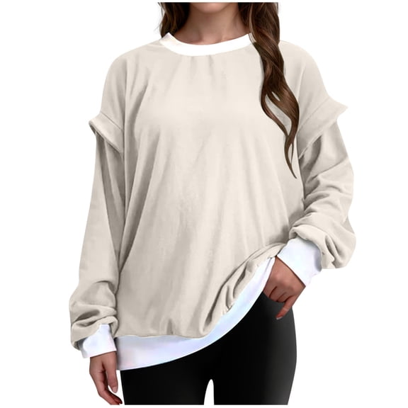 Scyoekwg Women Long Sleeve Tops Crew Neck Basic Tops Trendy Lightweight Women Blouses Fall Tops Dressy Casual Blouses Solid Color Long Sleeve T Shirts Loose Pullover (Khaki,XXL)