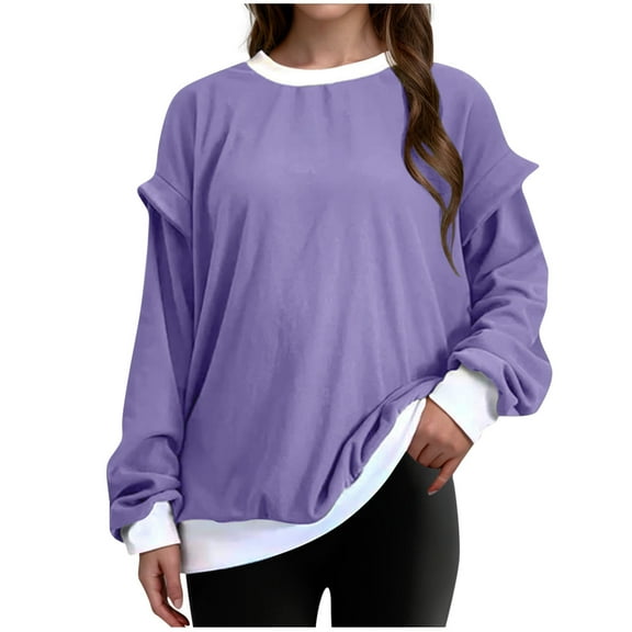Scyoekwg Women Long Sleeve Tops Crew Neck Basic Tops Trendy Lightweight Women Blouses Fall Tops Dressy Casual Blouses Solid Color Long Sleeve T Shirts Loose Pullover (Purple,M)