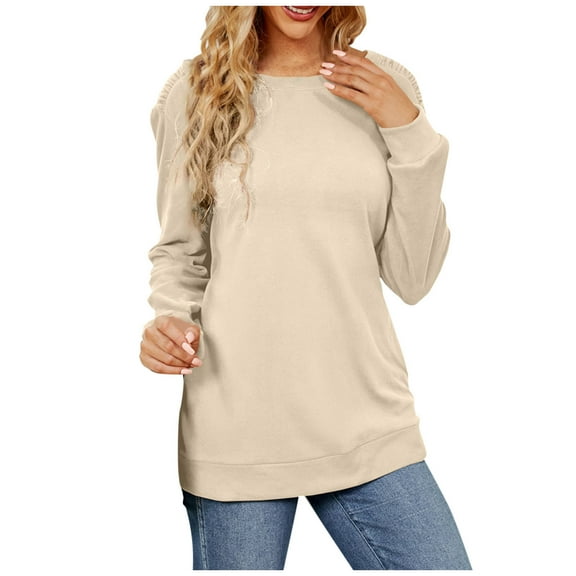 Scyoekwg Women Long Sleeve Tops Crewneck Pleated Tops Dressy Casual Blouses Solid Color Fall Clothes Fashion Vintage Loose Tops(Beige,L)