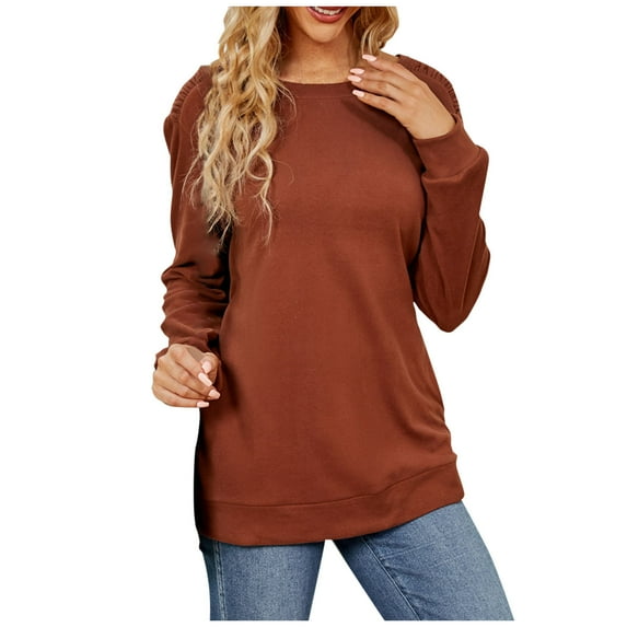 Scyoekwg Women Long Sleeve Tops Crewneck Pleated Tops Dressy Casual Blouses Solid Color Fall Clothes Fashion Vintage Loose Tops(Brown,XL)