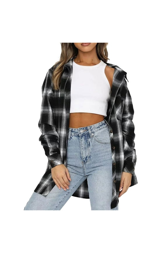 Women Long Sleeve Tops Fall Clothes Autumn Pattern Print Tops Pullover Long Sleeve Plaid Shirt Buttoned Jacket Loose Fit Lapel V Neck Pullover Trend tops Black M