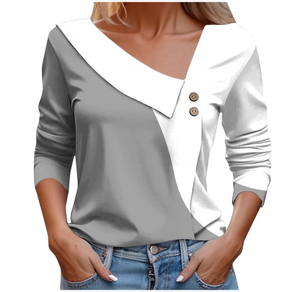 Scyoekwg Women Long Sleeve Tops Skew Collar Button-Up T Shirts Dressy Casual Blouse Lightweight Loose Color Block Tops for Women Trendy Tshirt Blouses (Gray,M)