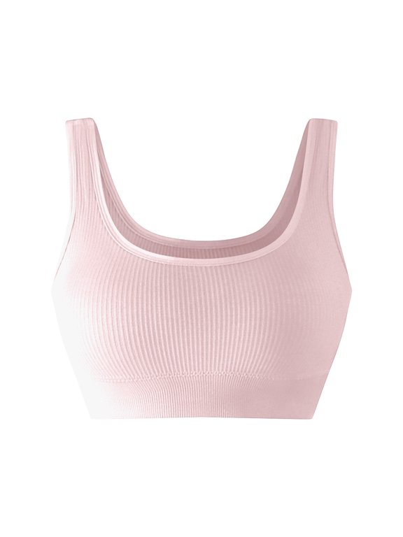 Women Ribbed Sports Bra Square Neck Wide Strap Seamless Knit Soft Daily Yoga Athletic Top (Pink,L)