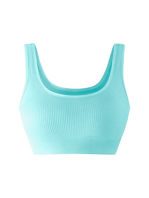 Women Ribbed Sports Bra Square Neck Wide Strap Seamless Knit Soft Daily Yoga Athletic Top (Sky Blue,L)