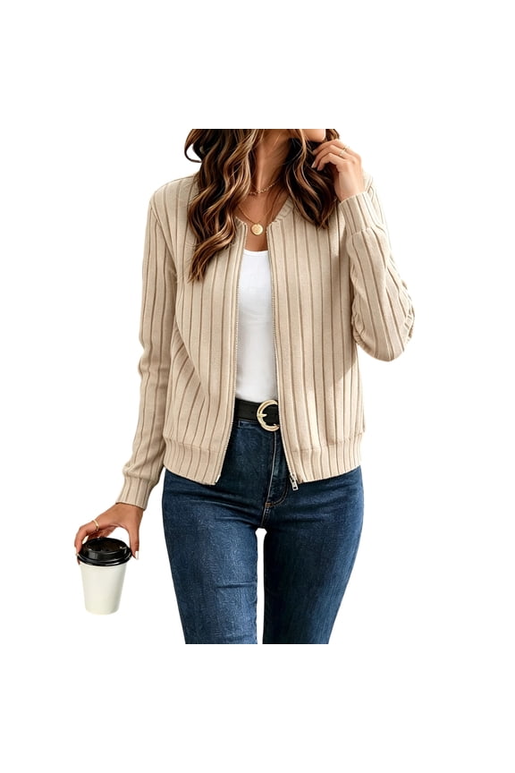 Women Ribbed Zip Up Knit Cardigan, Crew Neck Long Sleeve Cropped Sweater Jacket, Slim Fit Lightweight Solid Color Coats for Casual Daily Spring Fall Wear (Beige,XL)