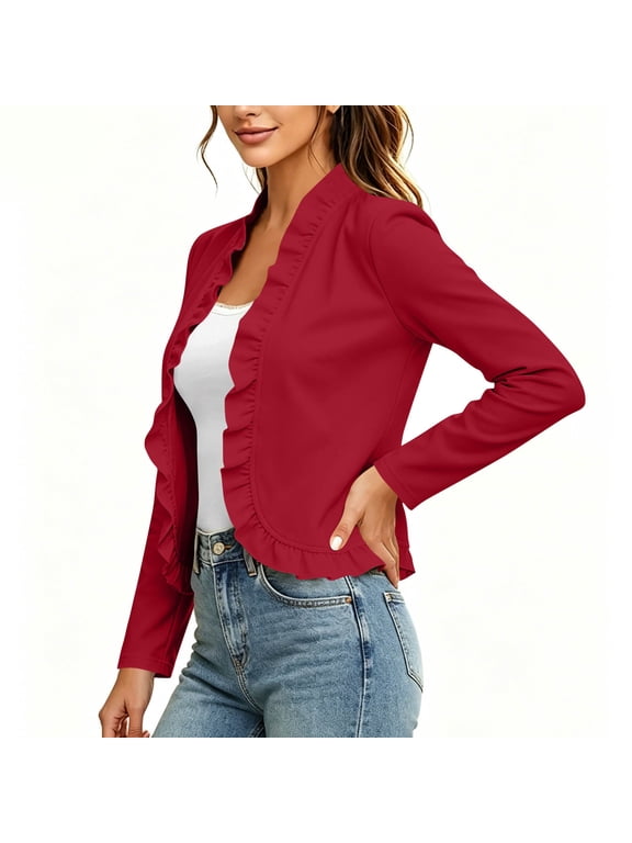 Women Ruffle Open Front Cropped Jackets Long Sleeve Lightweight Shrug Coat Dressy Casual Short Coats for Party Daily Wear (Red,S)