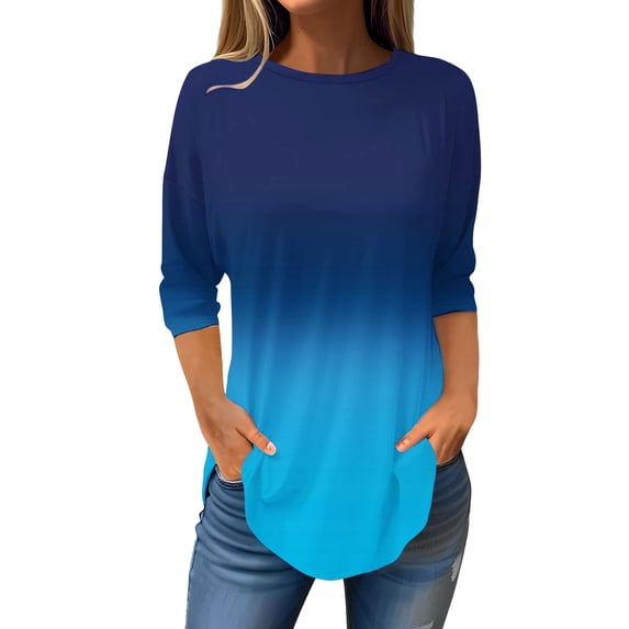 Scyoekwg Women'S 3/4 Sleeve Tops Cewneck Three Quarter Length Sleeve Blouse Gradient Color Graphic Tee Fall Clothes Lightweight Casual Loose Vintage Blouses