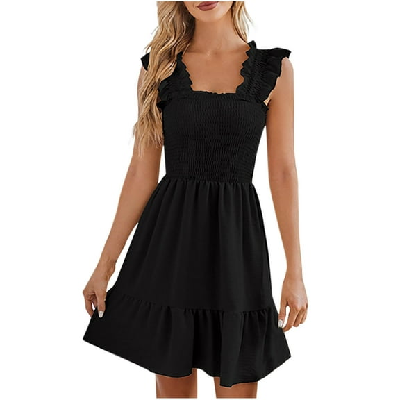 Scyoekwg Women'S Casual Dresses Sleeveless Summer Square Neck Pleated Mini Dress Loose Sundress Solid Color Women's Casual Dresses (Black,XL)
