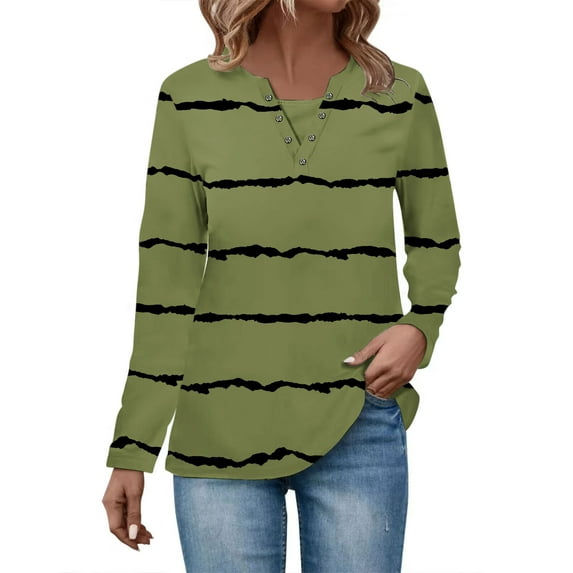 Scyoekwg Women'S Fall Shirts And Blouses V-Neck Button Dressy T-Shirt Blouse Vintage Long Sleeve Tops Striped Print Graphic Tee Fall Clothes Casual Loose Lightweight Pullover