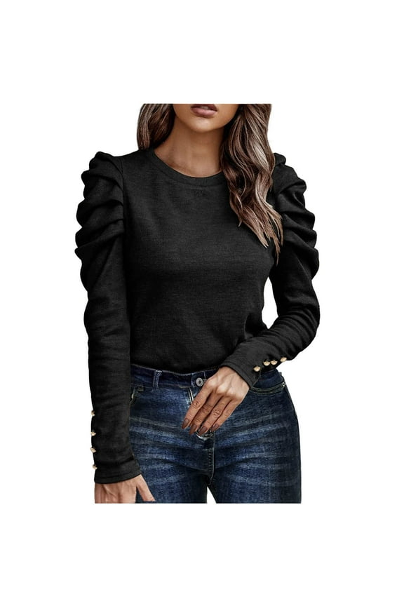 Women'S Fall Shirts And Blouses Cewneck Puff Sleeve Elegant Shirts Loose Solid Color Vintage Fall Clothes Casual Long Sleeve Tops Lightweight Pullover