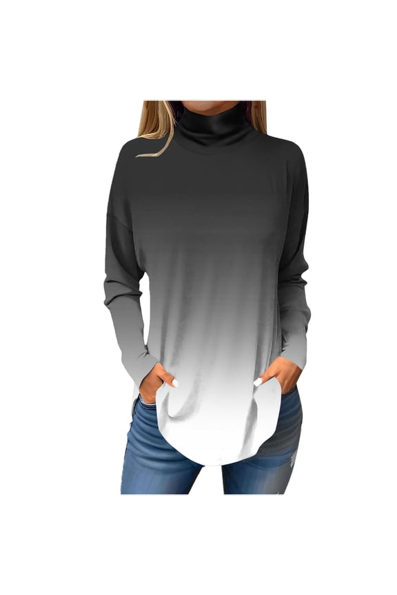 Women'S Fall Shirts And Blouses High Neck Basic Dressy Tunic Shirts Long Sleeve Tops Gradient Color Graphic Tee Loose Lightweight Pullover (Black,L)