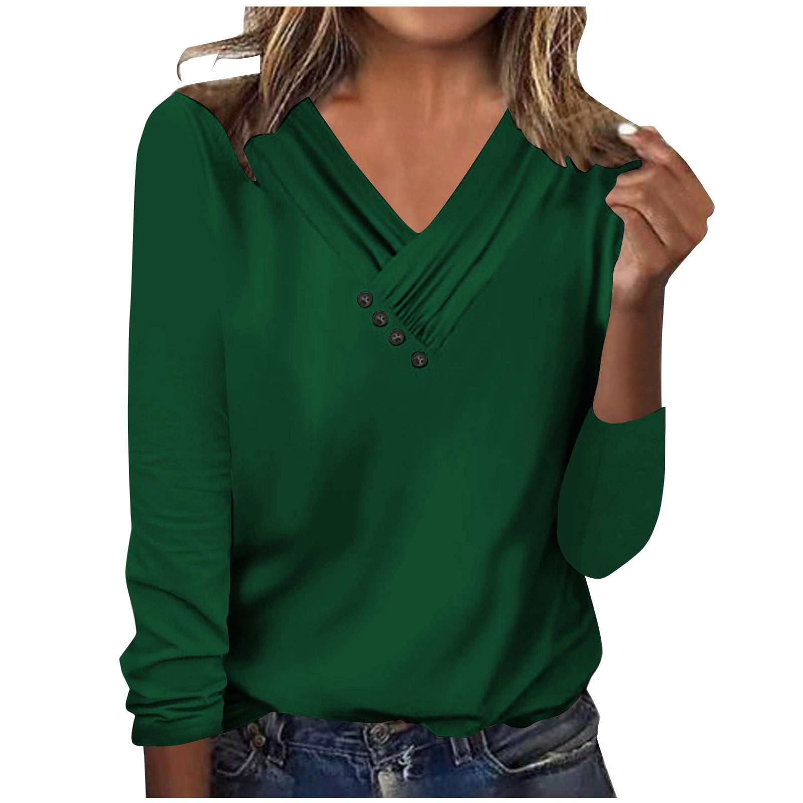 Scyoekwg Women'S Fall Shirts Long Sleeve V-Neck Button Up Tops Solid ...
