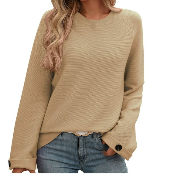 Scyoekwg Women'S Sweaters Knitted Sweater Long Sleeve Warm Casual Crewneck Sweater Solid Color Fall Winter Clothes Pullover Tops(Khaki,M)