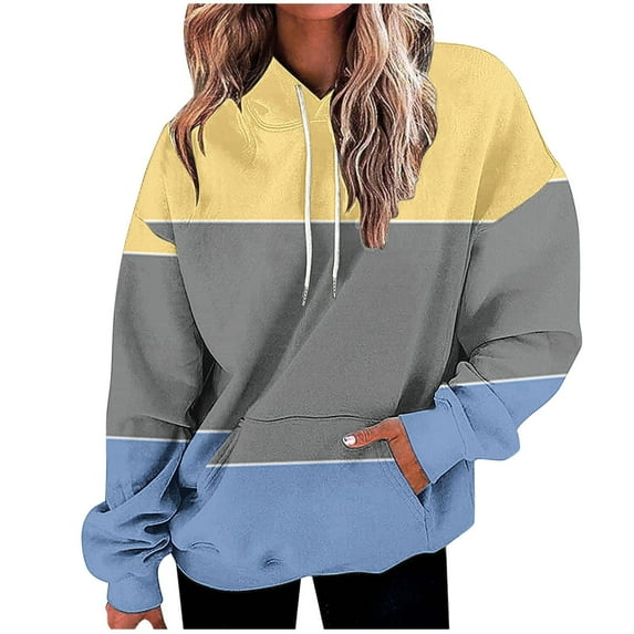 Scyoekwg Women'S Sweatshirts Fall Hoodies Loose Hooded Drawstring Sweatshirt Pocket Color Block Graphic Sweatshirt Long Sleeve Pullover Tops Trendy Dressy Casual Pullover(Yellow,XXL)