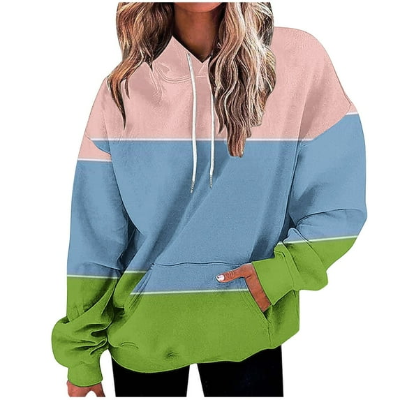 Scyoekwg Women'S Sweatshirts Fall Hoodies Loose Hooded Drawstring Sweatshirt Pocket Color Block Graphic Sweatshirt Long Sleeve Pullover Tops Trendy Dressy Casual Pullover(Pink,XXL)