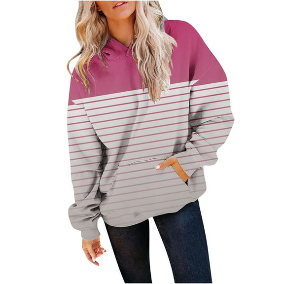 Scyoekwg Women'S Sweatshirts Hoodies Long Sleeve Fall Trendy Casual Loose Color Block Graphic Sweatshirt Hooded Drawstring Sweatshirt Pocket Pullover(Hot Pink,L)