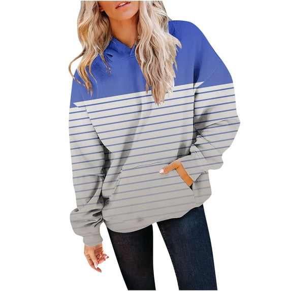 Scyoekwg Women'S Sweatshirts Hoodies Long Sleeve Fall Trendy Casual Loose Color Block Graphic Sweatshirt Hooded Drawstring Sweatshirt Pocket Pullover(Blue,XL)