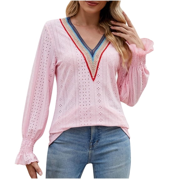 Scyoekwg Women'S Tops Long Sleeve V-Neck Eyelet Tops Crochet Lace Trim Elegant Shirts Solid Color Vintage Casual Fall Clothes Lightweight Loose Pullover