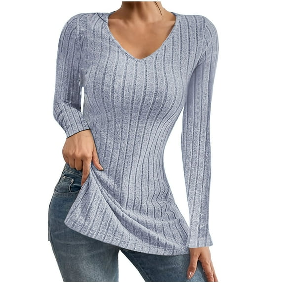 Scyoekwg Women'S Tops Long Sleeve V-Neck Split Hem Tee Top Basic Ribbed Knit Slim Fit T-Shirts Fall Clothes Lightweight Vintage Solid Color Casual Pullover
