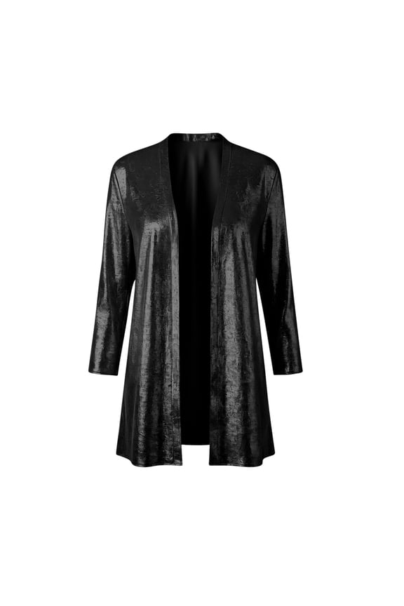 Women Shiny Open Front Cardigan Jacket 3/4 Sleeve Lightweight Party Coat with Pockets Elegant Dressy Cover Up Coats (Black,S)
