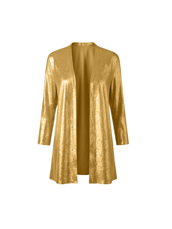 Women Shiny Open Front Cardigan Jacket 3/4 Sleeve Lightweight Party Coat with Pockets Elegant Dressy Cover Up Coats (Yellow,M)