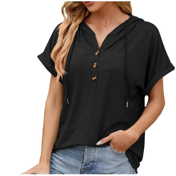 Scyoekwg Women Short Sleeve Shirts Tops Button Hooded Tops Lightweight Comfy Loose Solid Color Trendy Blouses (Black,XL)